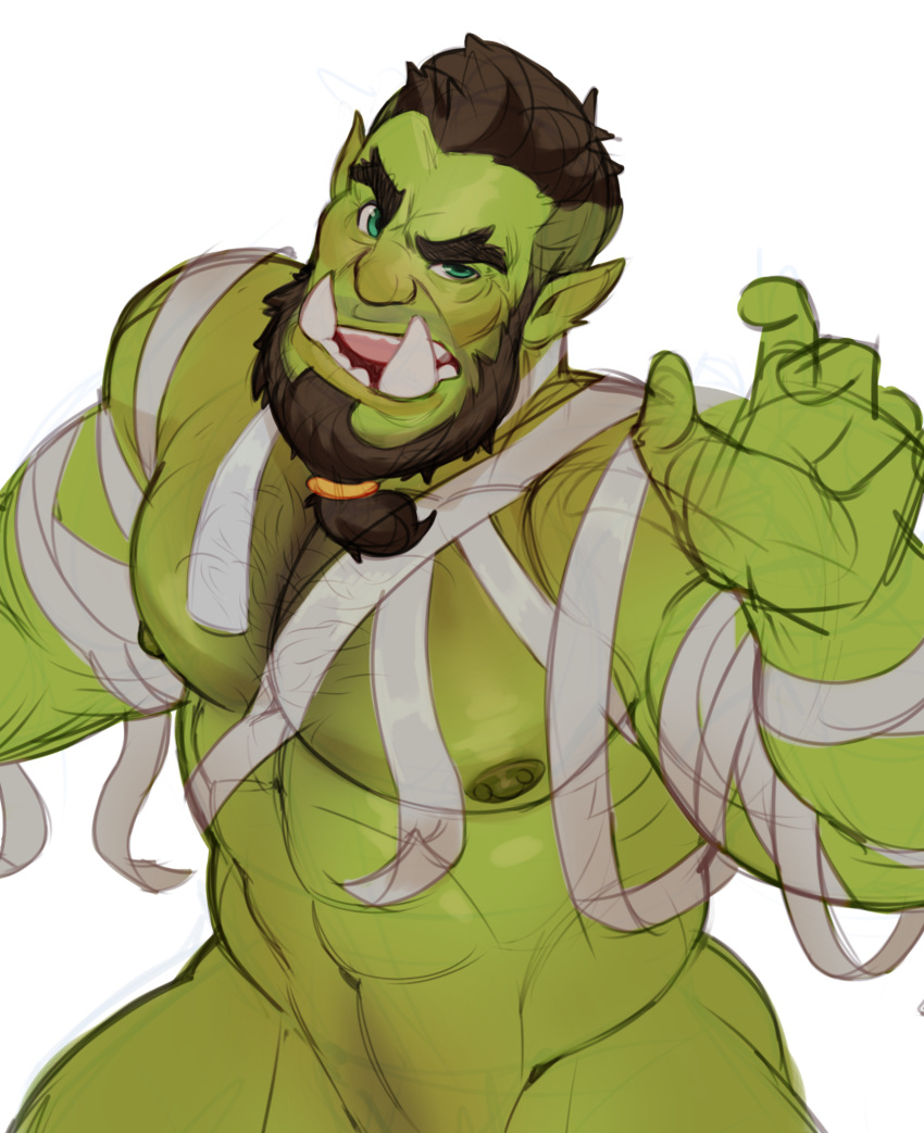 1boy 2021 abs bara bara_tits barazoku barbell_piercing beard beefy body_hair brown_hair facial_hair fangs green-skinned_male green_eyes green_skin hairy_chest halloween hi_res highres holidays humanoid looking_at_viewer male male_nipples male_only masculine mature_male mostly_nude_male muscles muscular_male nipple_piercing no_visible_genitalia nude orc orc_male pecs pointy_ears skayous solo teeth teeth_visible tusks