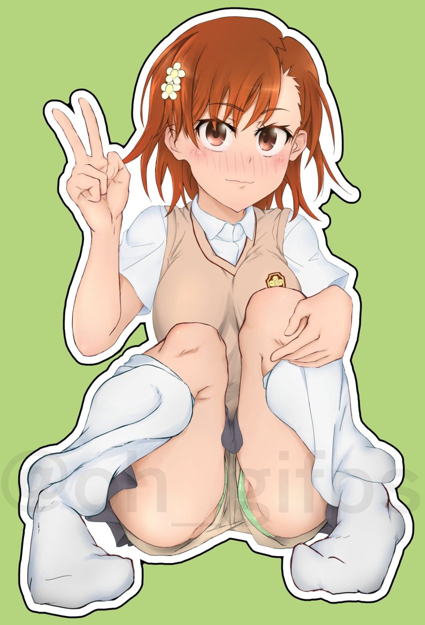 1girls 2020s 2021 alternate_breast_size ass bare_thighs blush breasts brown_eyes brown_hair embarrassed female flower full_body green_background green_panties hair_flower hair_ornament hi_res knees_to_chest looking_at_viewer loose_socks matching_hair/eyes medium_breasts miniskirt misaka_mikoto ogiminami panties pantyshot pussy pussy_peek school_uniform schoolgirl short_hair shorts shorts_under_skirt sitting skirt smile socks solo spats teenage_girl teenager thighs to_aru_kagaku_no_railgun to_aru_majutsu_no_index tokiwadai_school_uniform twitter_username underwear upshorts v white_socks young