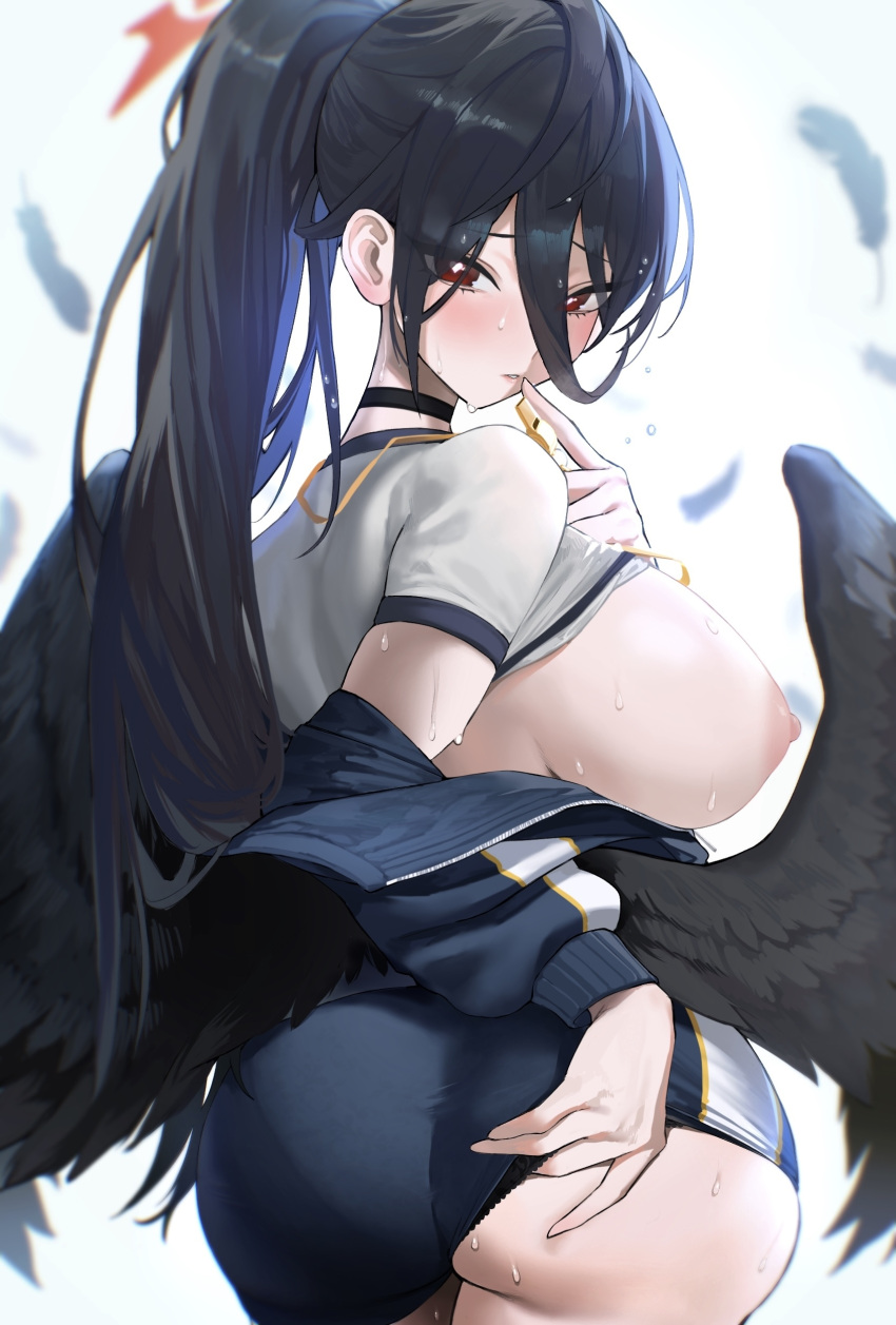 angel angel_wings arms ass ass_grab bird_tail bird_wings black_choker black_feathers black_hair black_wings blue_archive blush breasts choker feathered_wings feathers female hasumi_(blue_archive) hasumi_(gym_uniform)_(blue_archive) jacket justice_task_force_(blue_archive) kazane-wind large_breasts long_hair looking_at_viewer looking_back low_wings mole mole_on_ass nipples_off ponytail shoulder single_wing solo spread_wings sweat thighs trinity_general_school_student