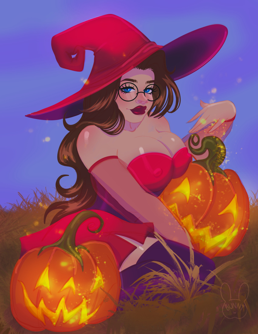 1girls artist_logo blue_eyes brunette_hair bunnibabe commission commissioner_upload glasses grass jack-o'-lantern large_breasts leggings long_hair nipples_visible_through_clothing noelle(blarghonator) original original_character pinup pinup_pose pumpkin red_dress round_glasses witch witch_hat