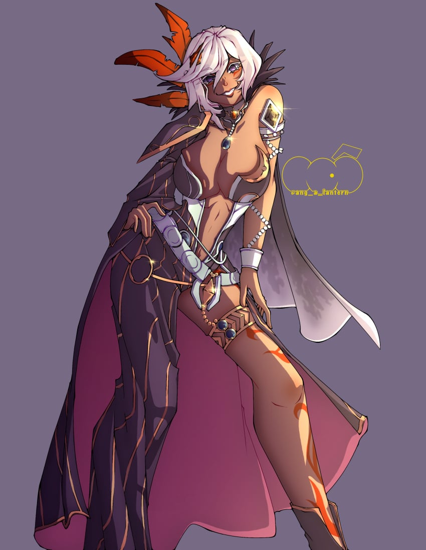 ang_a_lantern cape capelet cia_(the_legend_of_zelda) cleavage dark-skinned_female dark_skin horny hyrule_warriors jewelry long_legs pumpkin_derp smile taller_girl tan_body tan_skin the_legend_of_zelda white_hair witch