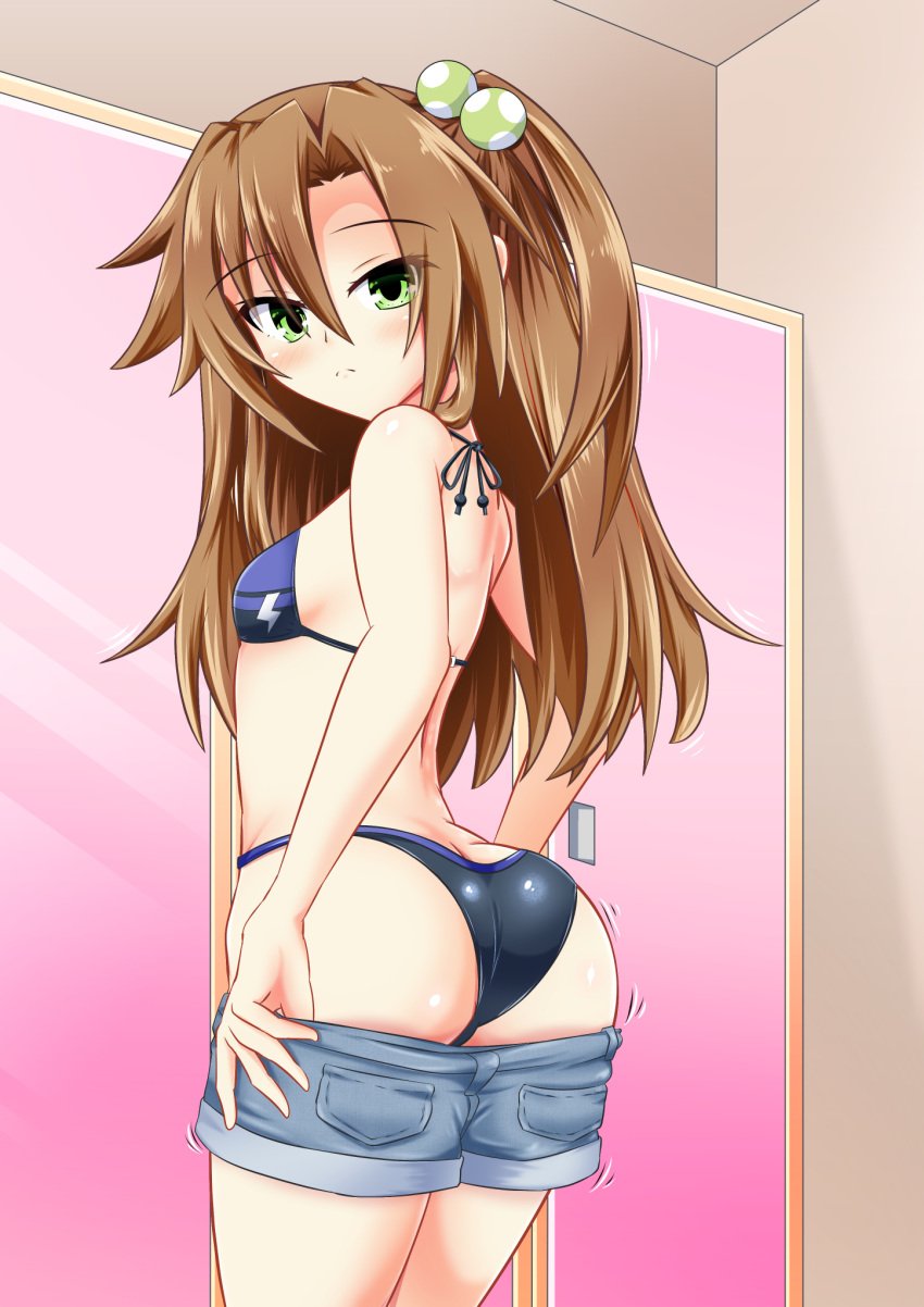 ass bikini blush brown_hair dressing_room green_eyes if_(neptunia) kyou light-skinned_female long_hair looking_back neptunia_(series) shiny_skin side_view small_breasts solo undressing