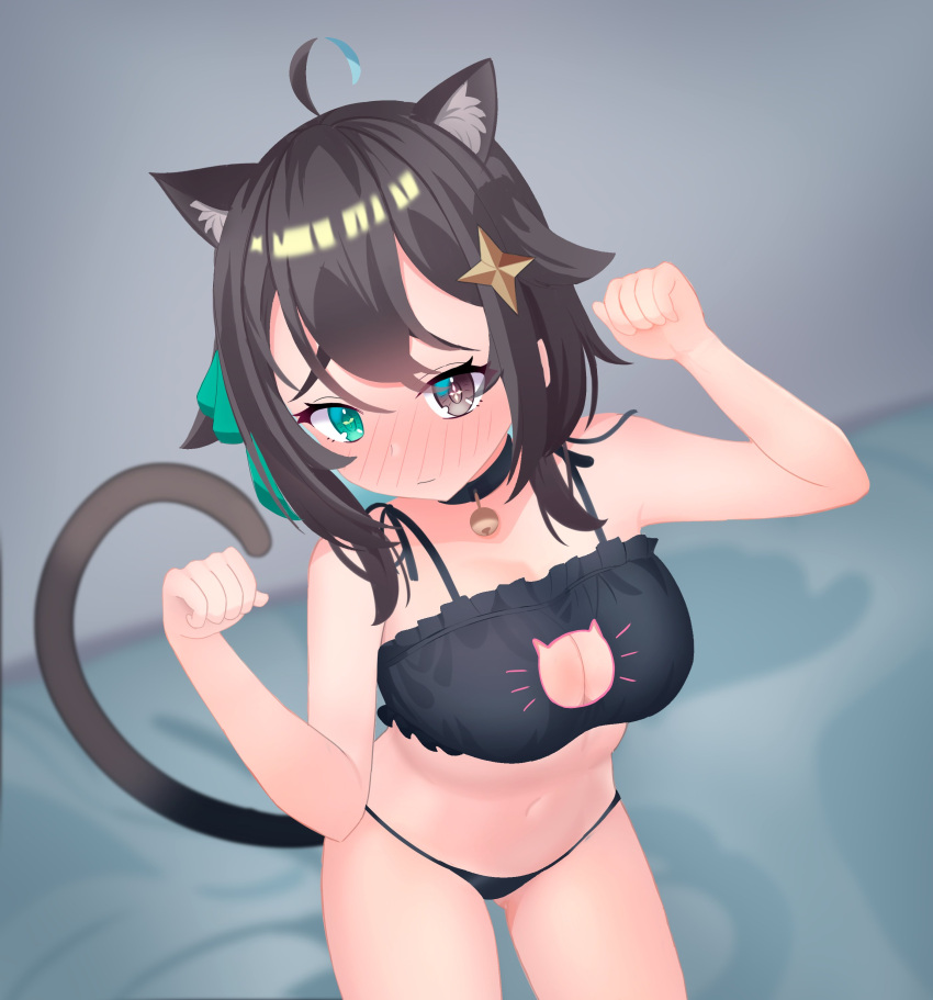 1girls blush cat_ears cat_lingerie cat_tail cleavage eternals_(idol_corp) female_only former_idol_corp_member heterochromia highres idol_corp idol_es latam_virtual_youtuber light-skinned_female light_skin lingerie looking_at_viewer meica short_hair virtual_youtuber vtuber