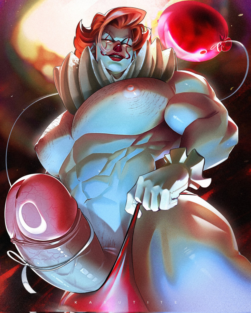 1boy 2023 balls bara bara_tits barazoku big_balls big_penis bulge clown erection gay hairy_chest hi_res highres horror it looking_at_viewer male male_focus male_nipples male_only male_pubic_hair manly muscular_male nipples penis pennywise solo solo_male stephen_king thong underwear yaoi