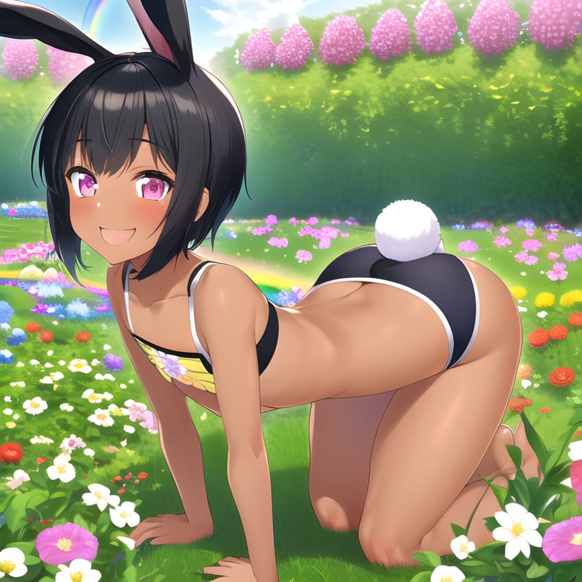 1boy ai_generated all_fours ass ass_focus big_ass big_butt black_hair bunny_ears bunny_tail crop_top femboy flower garden girly looking_at_viwer looking_back novelai panties pink_eyes presenting_hindquarters rabbit_ears rabbit_tail rainbow rear_view short_hair smile smiling smiling_at_viewer