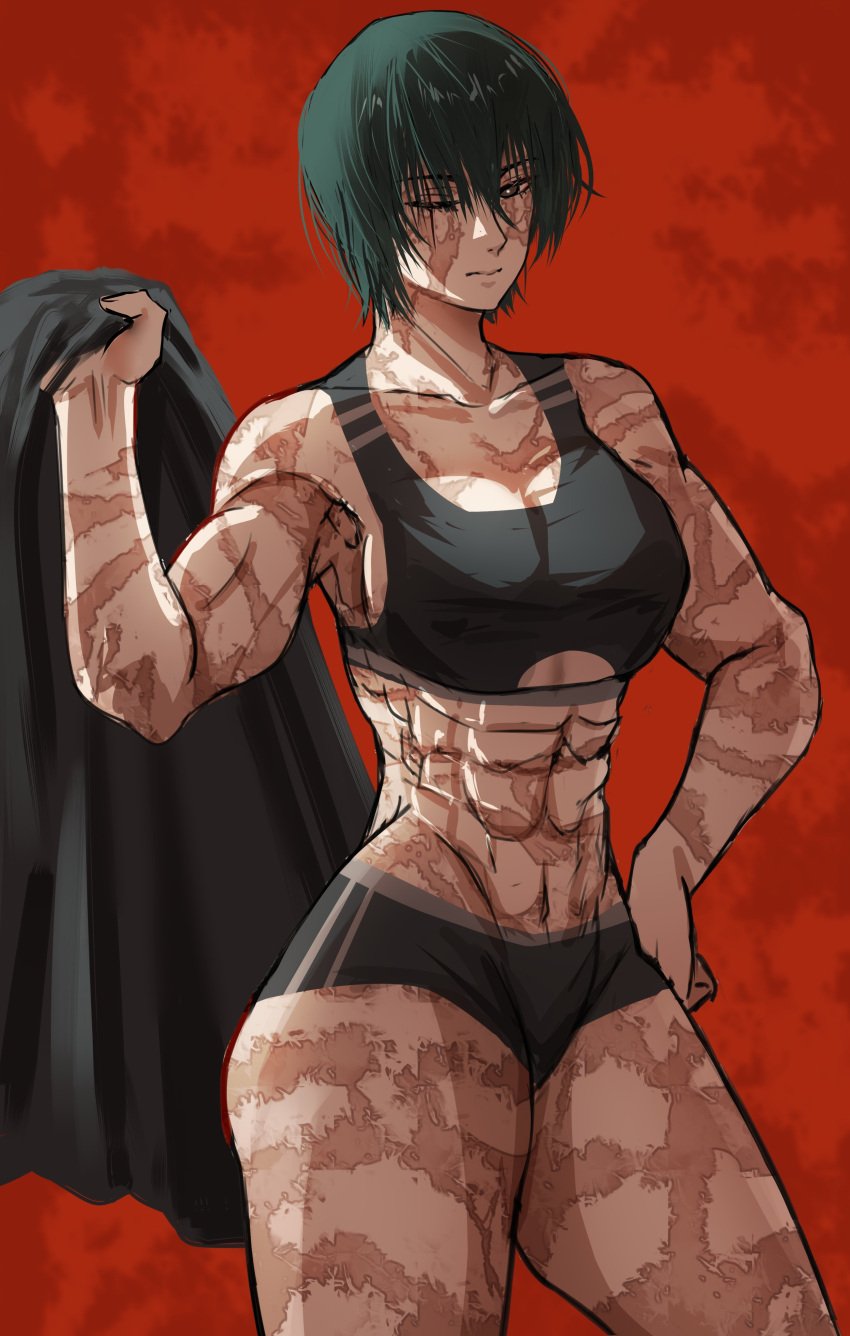 1girls abs adonis_belt athletic athletic_female biceps big_breasts breasts burn_scar chiseled chiseled_abs female_abs fit fit_female globining jujutsu_kaisen light-skinned_female light_skin looking_at_viewer muscle_girl muscle_mommy muscular_abs one_eye_closed scars scars_all_over scars_on_body short_hair short_hair_female solo solo_female sports_bra sports_shorts sportswear thighs toned toned_female very_short_hair workout_clothes zenin_maki