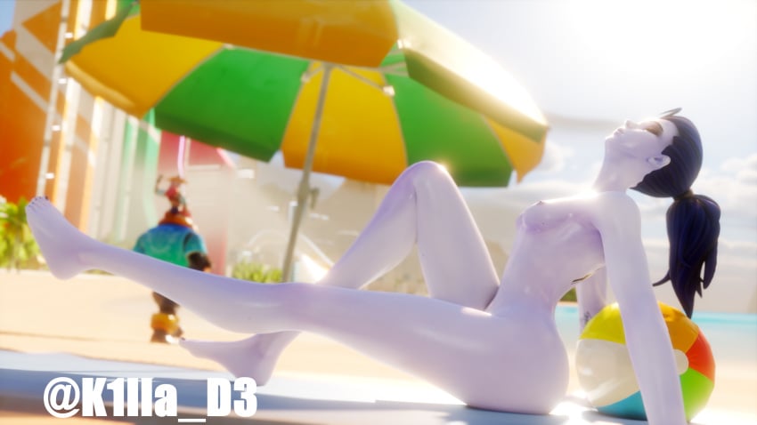 2k 3d 3d_(artwork) ashe_(overwatch) beach bob_(overwatch) female k1lla_d3 nude overwatch purple_skin sunbathing widowmaker