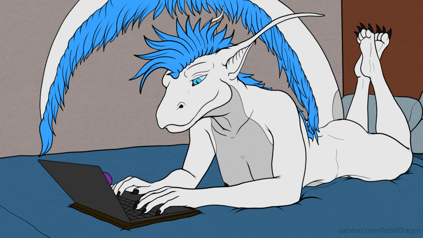 anthro areola areola_slip ass bed bedroom breasts chilling christa_(rebeldragon101) claws computer dragon feet female furniture hi_res laptop naked nude paws peeking_nipple rebeldragon101 solo tail