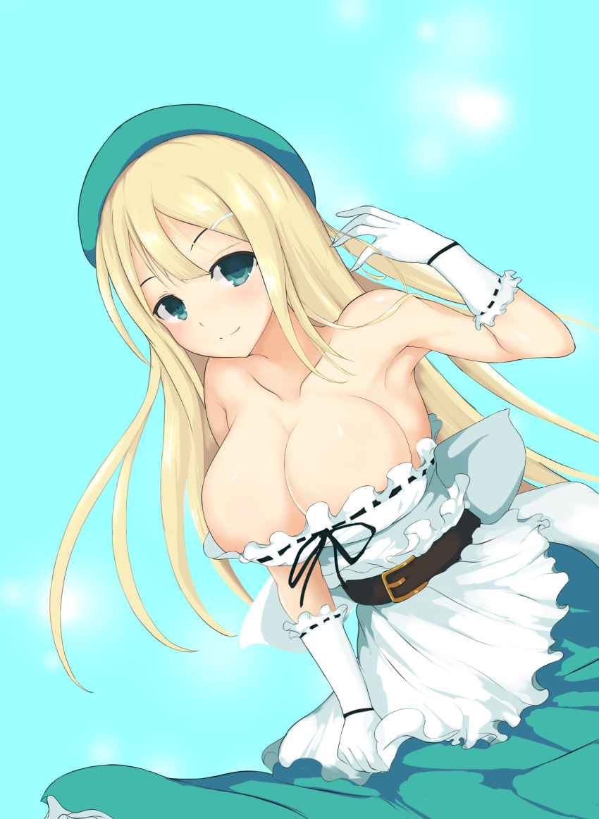 1girls armpits ashino bangs belt blonde_hair blue_background blue_eyes blunt_bangs cleavage collarbone dress female frills gloves hat large_breasts light-skinned_female light_skin long_hair looking_at_viewer no_bra ribbon senran_kagura simple_background smile solo standing straight_hair yomi_(senran_kagura)