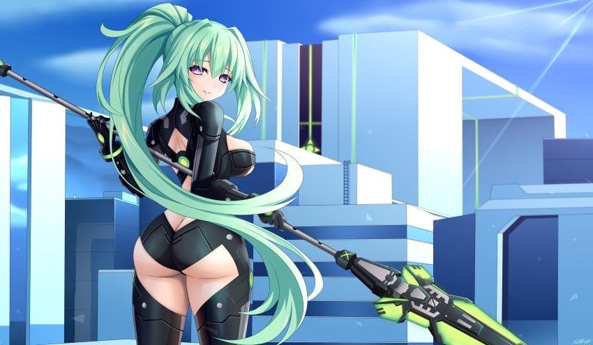 1girls ass big_ass big_breasts bodysuit breasts busty fat_ass female female_only from_behind green_hair green_heart_(neptunia) highres large_breasts long_hair looking_at_viewer looking_back neptunia_(series) parted_lips polearm ponytail pose posing purple_eyes seductive seductive_smile sensual sideboob smile solo spear thick_thighs thighs very_long_hair weapon