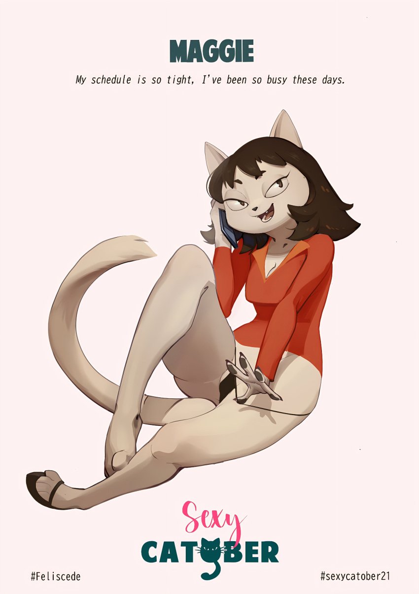 1girl 1girls 2021 2021s a_kitty_bobo_show absurd_res anthro biped black_panties breasts brown_eyes brown_hair cartoon_network catober catober_2021 cellphone cleavage clothed clothing clothing_pull cute_fangs digital_media_(artwork) domestic_cat english_text fangs felid feline felis feliscede female female_focus female_only footwear furry furry_female hair hi_res holding_object holding_phone long_hair long_tail maggie_(kitty_bobo) mammal on_phone outline panties panty_pull phone red_clothing sandals shaded shirt simple_background small_waist solo tail tail_tuft tease text underwear underwear_pull white_body white_fur