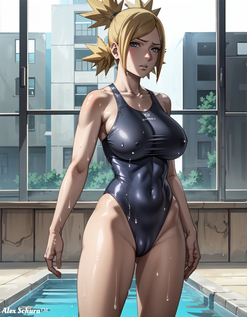 1girls ai_generated alex-schura athletic athletic_female big_breasts blonde_hair blush boruto:_naruto_next_generations breasts cameltoe competition_swimsuit erect_nipples erect_nipples_under_swimsuit female female_only fit fit_female high_resolution huge_breasts indoors innie_pussy light-skinned_female light_skin looking_at_viewer mature mature_female milf nai_diffusion naruto naruto_(series) one-piece_swimsuit oppai pinup ponytail pool pussy quad_tails solo solo_focus stable_diffusion swimsuit teal_eyes temari tied_hair tight_swimsuit voluptuous watermark wet wet_body wet_skin wet_swimsuit window