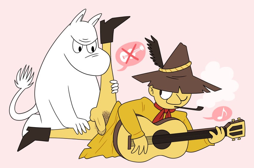 2boys angry annoyed boots creature distracted flaccid_while_penetrated from_behind gay guitar hat headwear human interspecies itsamehornio leg_up male male_only male_pubic_hair monster moomin_(1969_series) moomintroll no_underwear non-human one_eye_closed penis pipe playing_guitar playing_instrument playing_music pubic_hair smoking smoking_pipe snufkin the_moomins toony uncensored white_body yaoi