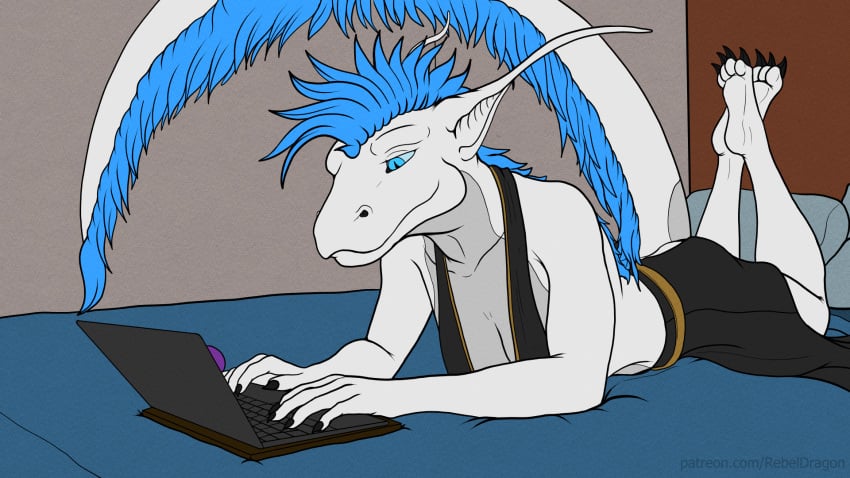 anthro ass bed bedroom breasts chilling christa_(rebeldragon101) claws cleavage clothed clothing computer dragon feet female furniture hi_res laptop paws rebeldragon101 solo tail