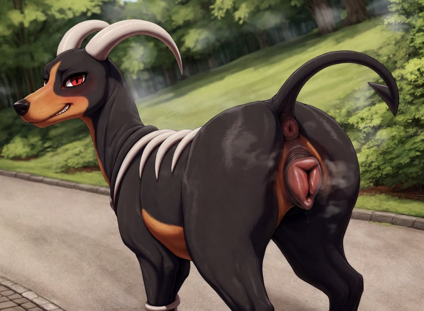 ai_generated canine_pussy detailed_background female feral houndoom looking_at_viewer looking_back musk musky_pussy pokemon pokemon_(species) smile smirk