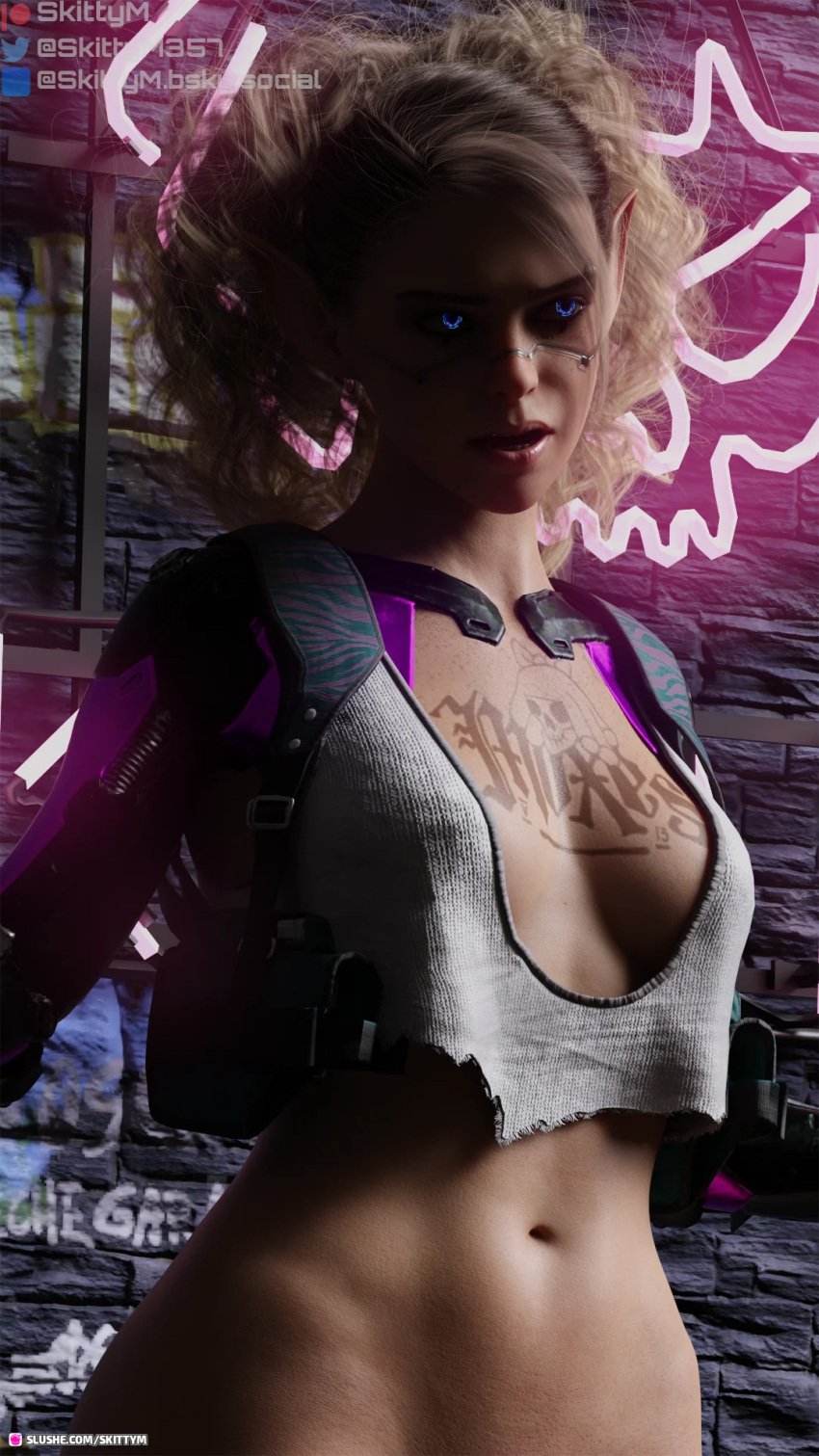 1girls 2023 3d blonde_hair blue_eyes bottomless chest_tattoo cyberpunk_2077 cyborg elf_ears fanart female female_only glowing_eyes leena_(skittym) medium_breasts moxes original_character outdoor outdoors outside skittym solo solo_female tattoo