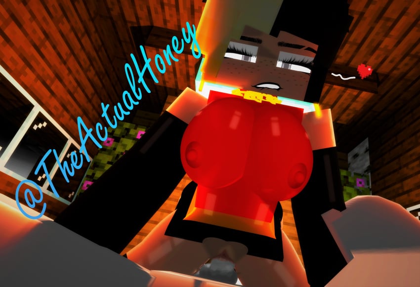 1boy 3d big_ass big_breasts big_butt black_and_blonde_hair dick elastigirl_(cosplay) female honey_(tah) mine-imator minecraft nipples_visible_through_clothing on_table pov riding_penis seductive_look the_incredibles theactualhoney