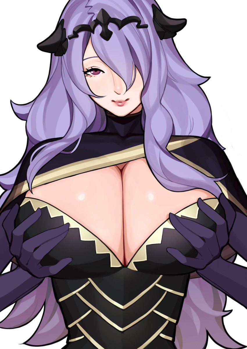 1girls breast_hold breasts camilla_(fire_emblem) cleavage deep_cleavage elbow_gloves female female_only fire_emblem fire_emblem_fates gloves grabbing_own_breast hair_over_one_eye horns huge_breasts long_hair looking_at_viewer mariezone nintendo pink_eyes purple_hair self_fondle smile solo very_long_hair white_background