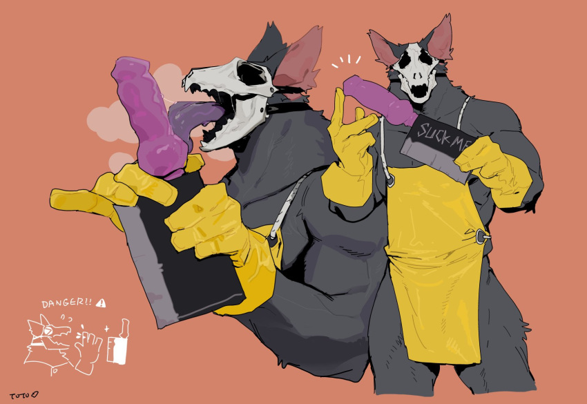 2023 anthro apron bebebebebe biped bone canid canine cleaver_(knife) clothing cutlery digital_media_(artwork) dildo dildo_lick empty_eyes fur gloves grey_body grey_fur handwear hi_res kitchen_knife kitchen_utensils knife knotted_dildo licking male male_only mammal monotone_body monotone_fur orange_background sex_toy simple_background skull skull_head solo tongue tongue_out tools