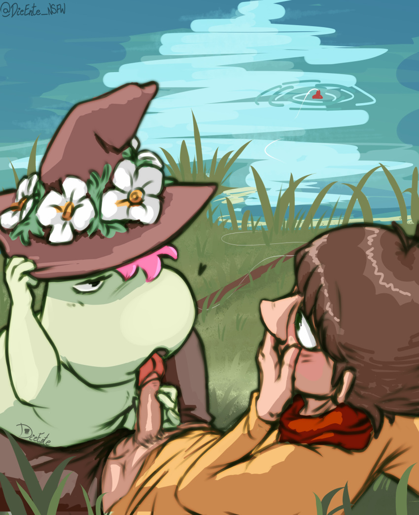 1boy 1girls blush brown_hair cheating cheating_girlfriend clothed covering_mouth creature dieente erection eye_contact fellatio female hair_over_one_eye hat interspecies looking_at_another male new_moomin oral outside pants_down penis penis_out pink_hair snorkmaiden snufkin the_moomins uncensored wearing_others_clothes