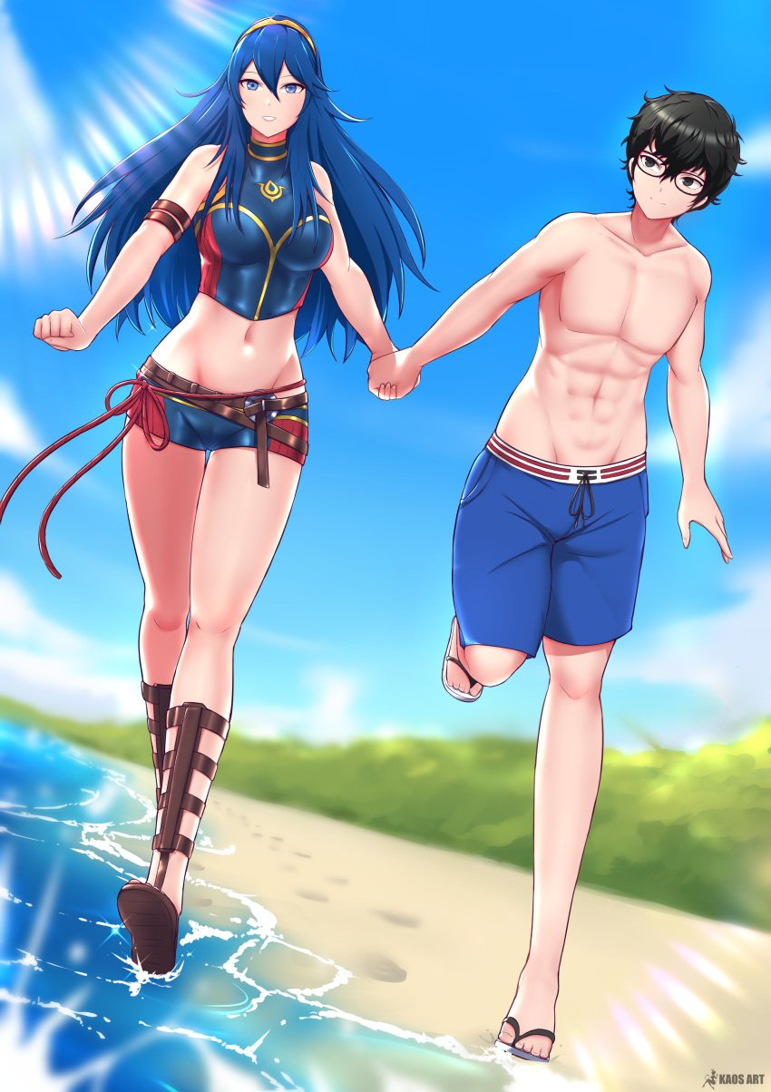 1boy 1girls abs alternate_costume beach blue_bikini blue_eyes blue_hair blue_swimsuit breasts crossover female fire_emblem fire_emblem_awakening fire_emblem_cipher holding_hands kaos_art lucina_(fire_emblem) male male_swimwear medium_breasts muscular muscular_male nintendo ocean official_alternate_costume outdoors persona persona_5 ren_amamiya running swim_trunks wholesome