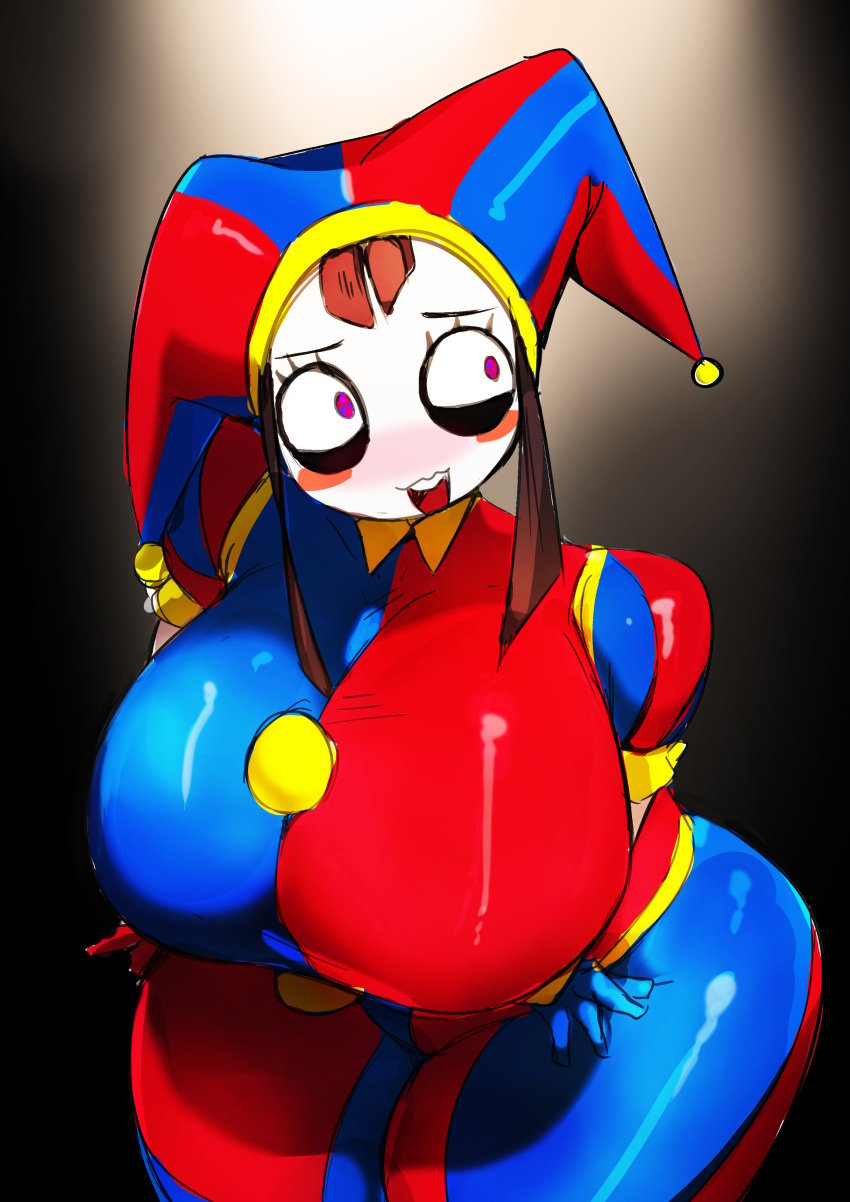 2023 2d 2d_(artwork) 2d_artwork blush brown_hair embarrassed female glitch_productions gloves gooseworx huge_ass huge_breasts huge_thighs jester_costume jester_hat jester_outfit menyang my700 pomni pomni_(the_amazing_digital_circus) tagme the_amazing_digital_circus