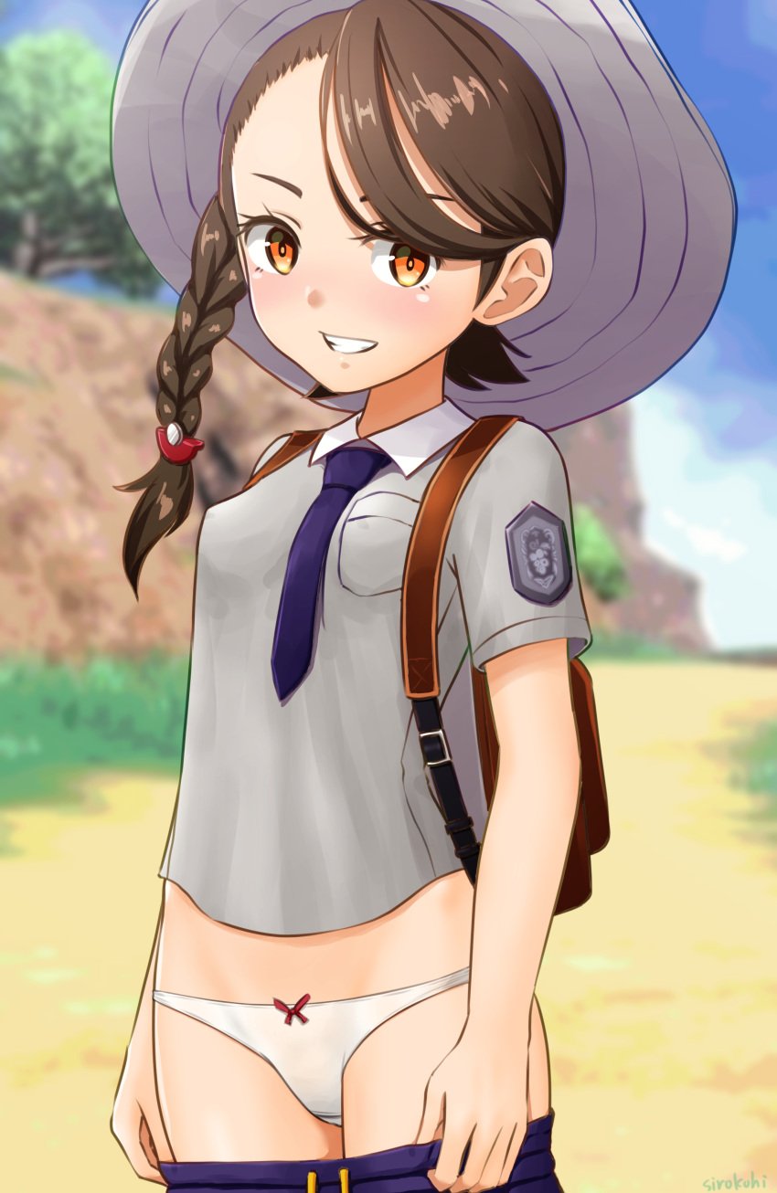 absurdres backpack bag blue_necktie blurry blurry_background blush braid breasts brown_hair clothes_pull commentary_request creatures_(company) female game_freak grey_shirt hat highres juliana_(pokemon) looking_at_viewer necktie nintendo orange_eyes outdoors panties pokemon pokemon_(game) pokemon_sv school_uniform shirt shorts shorts_pull sirokohi small_breasts smile solo swept_bangs teeth underwear uva_academy_school_uniform white_panties