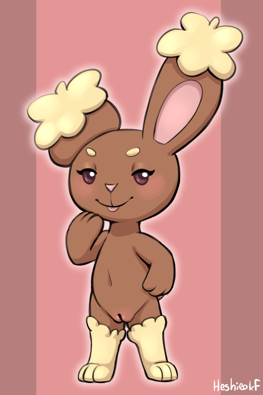 anthro blep blush brown_body brown_fur buneary female fur generation_4_pokemon genitals heshieokf hi_res lagomorph mammal navel nintendo nude pokemon pokemon_(species) pussy shaved_pussy solo standing tongue tongue_out wool_(fur)