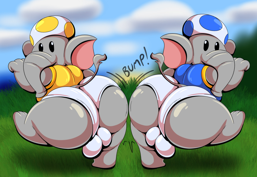 2boys absurd_res anthro ass balls big_butt bulge butt_bump clothing detailed_bulge duo elephant elephant_toad elephantid gay genitals hi_res looking_at_viewer looking_back male male/male male_only mammal mario_(series) nintendo proboscidean super_mario_bros._wonder tepigfan101 toad_(mario) underwear