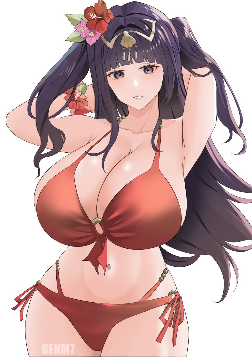 1girls alternate_breast_size alternate_costume armpits artist_name big_breasts bikini black_hair breasts cleavage female female_only fire_emblem fire_emblem_awakening fire_emblem_heroes flower genm7 grey_eyes hair_flower hair_ornament huge_breasts large_breasts long_hair looking_at_viewer nintendo o-ring o-ring_bikini official_alternate_costume red_bikini red_swimsuit smile solo tharja_(fire_emblem) tharja_(summer)_(fire_emblem) watermark white_background