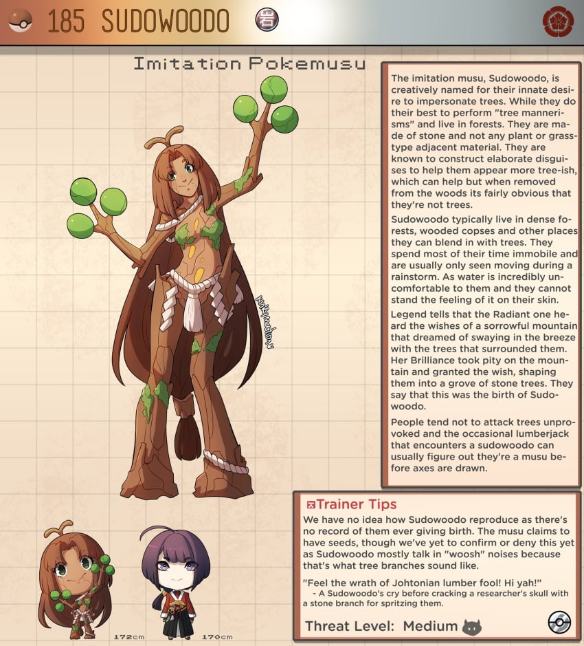 1boy 1girls 2d 2d_(artwork) brown_hair chart creature_index duo english english_text female female_focus front_view fully_clothed humanized_pokemon japanese_clothes kinkymation page_185 page_number pokedex pokemon pokemon_(species) pokemusu rope_belt skimpy_clothes standing sudowoodo text_box very_long_hair