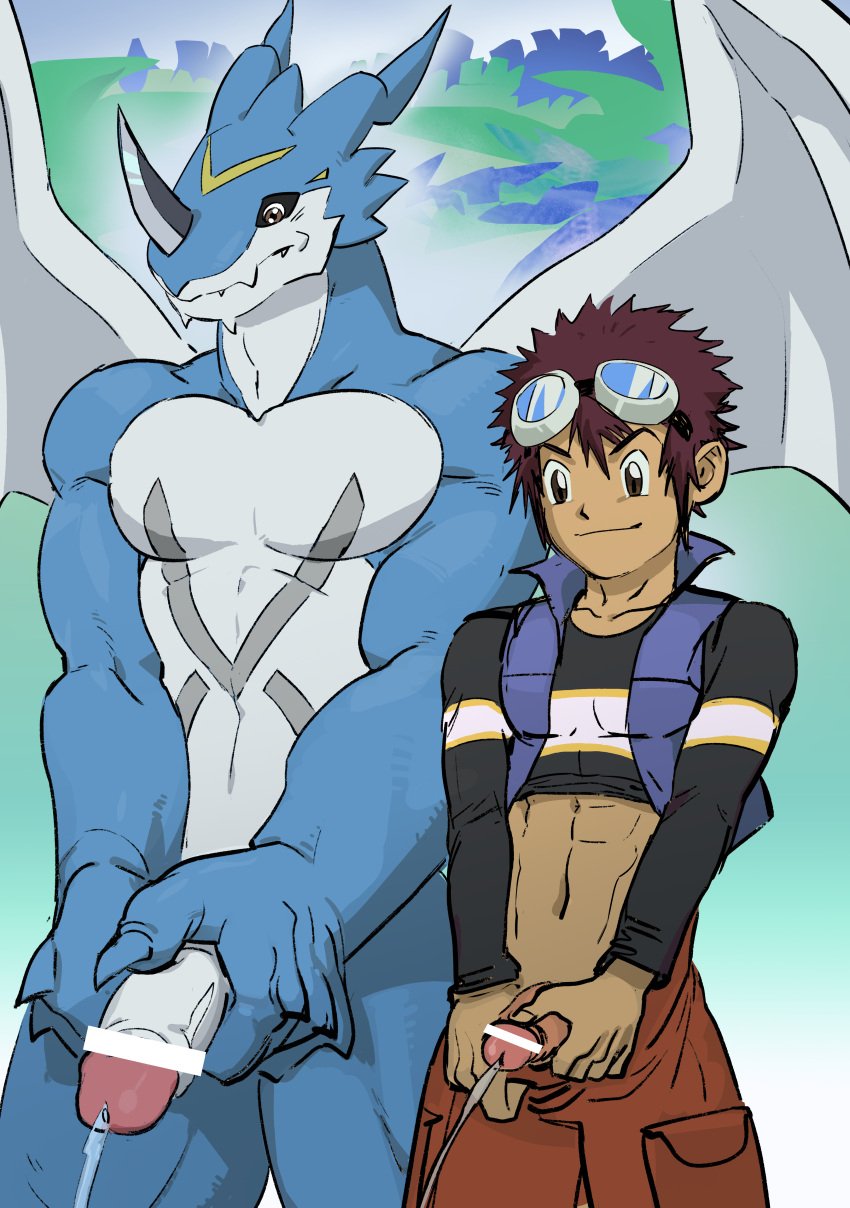 abs absurd_res anthro balls bandai_namco blue_body brown_hair daisuke_motomiya digimon digimon_(species) duo exveemon eyewear flaccid genitals goggles hair hi_res human male male_only mammal muscular muscular_male pecs peeing peeing_together penis red_eyes scalie wings wttao0213