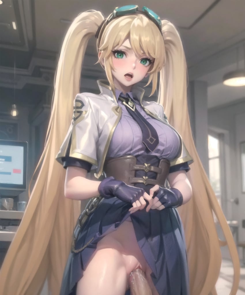 1girls ai_generated blonde_hair fully_clothed green_eyes laying_on_back laying_on_bed layla_(mobile_legends) mobile_legends on_bed pantiless sailencer solo_female solo_focus twintails vaginal_penetration vaginal_penetration vaginal_sex