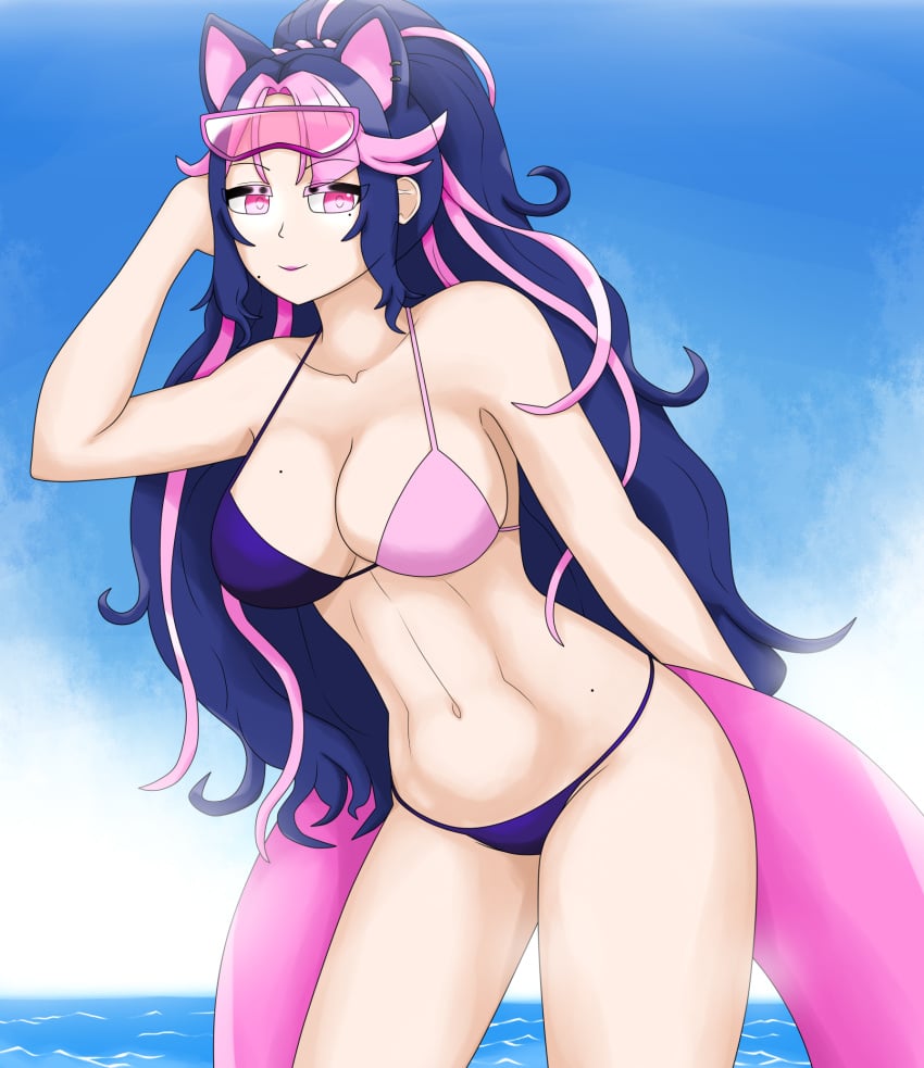 1girls ale_131 animal_ears arm_behind_head bikini blue_hair cleavage clouds female_only glasses glasses_on_head highres latam_virtual_youtuber light-skinned_female light_skin long_hair looking_at_viewer mole mole_on_breast mole_under_eye ocean pink_eyes pink_hair ponytail shura_hiwa smiling_at_viewer swimsuit two_tone_hair virtual_youtuber vjin vtuber vtuberfanart