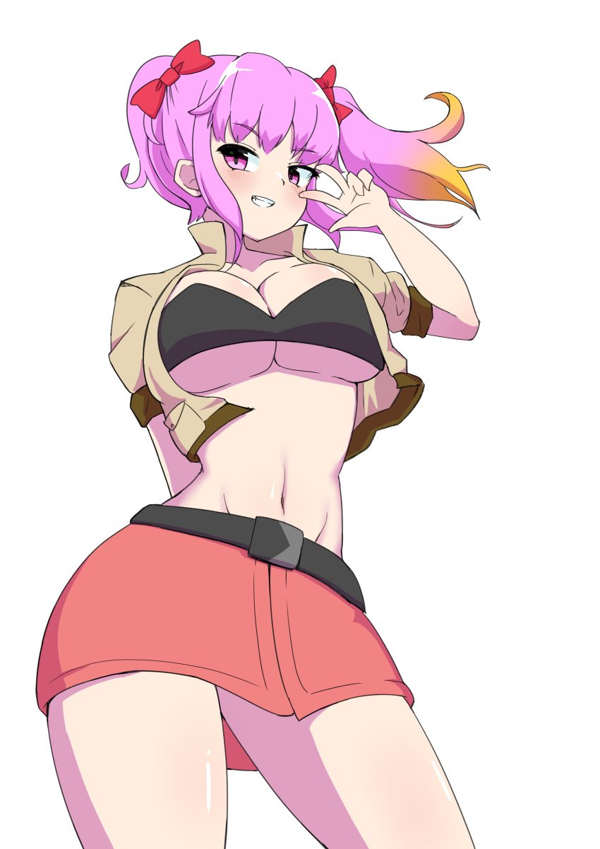 blush female_only huge_breasts naked north_fighter nude pink_eyes pink_hair pussy ribbons saiko_bichitaru_(smg4) smg4 twintails two_tone_hair v_sign yellow_hair