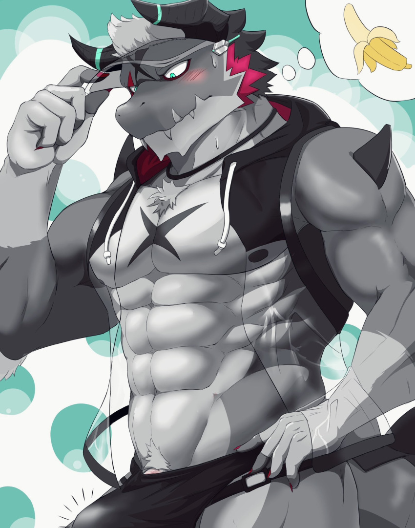 1boy abs anthro blush clothed clothing dragon erection erection_under_clothing genitals giansar grey_body hair hi_res horn kesigomu_kemo lifewonders live_a_hero male male_only muscular muscular_anthro muscular_male nipples pecs penis penis_base solo speedo swimwear white_hair