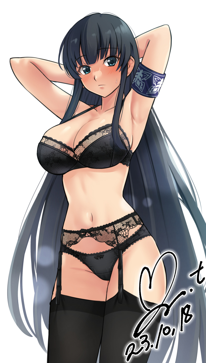 2023 armband armpits artist_signature black_hair black_lingerie black_thighhighs blush blushing_at_viewer bra commission dated garter_belt green_eyes hands_behind_head hime_cut huge_breasts ikaruga_(senran_kagura) long_hair marvelous panties pixiv_commission ribbon_panties senran_kagura shaved_armpits thighhighs very_long_hair yoo_tenchi