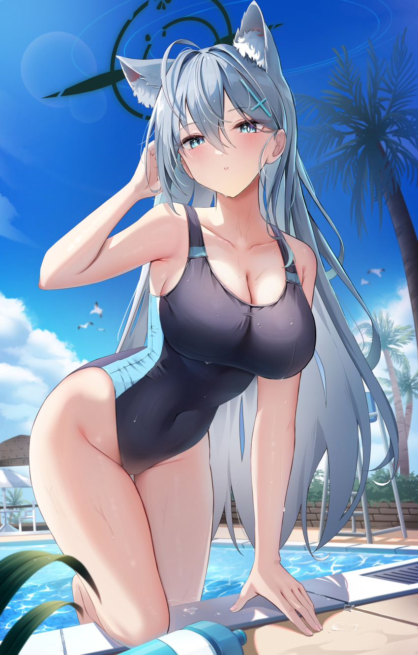 2023 abydos_high_school_student adjusting_hair ahoge animal_ear_fluff animal_ears arm_support big_breasts black_one-piece_swimsuit blue_archive blue_eyes blue_sky blush breasts cleavage collarbone competition_swimsuit cross_hair_ornament extra_ears female grey_hair groin hair_ornament halo heterochromatic_pupils hi_res large_breasts li_se long_hair looking_at_viewer one-piece_swimsuit outdoors parted_lips pool shiroko_(blue_archive) shiroko_(terror)_(blue_archive) sky solo swimsuit white_pupil wolf_ears