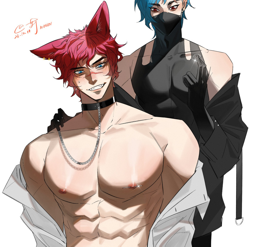 2boys abs aphelios big_breasts choker couple domination gay heartsteel_aphelios heartsteel_series heartsteel_sett league_of_legends nipples pierced_nipples sett yaoi