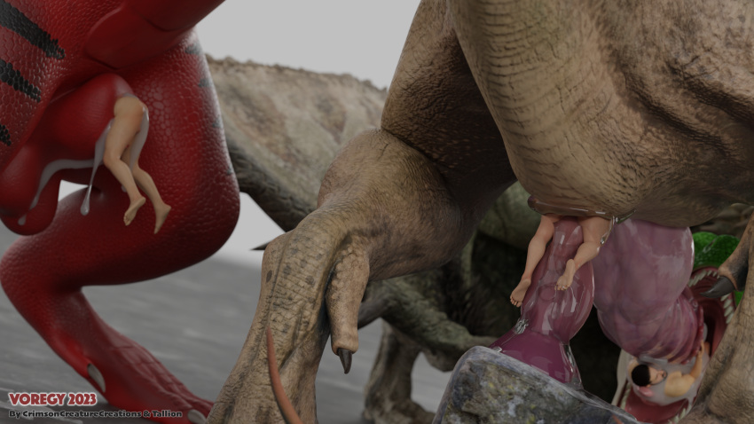 3d anal anal_vore animal_genitalia bodily_fluids crimson crimsoncreaturecreations cum dildo dinosaur dragon drake_(disambiguation) genital_fluids genitals group hi_res human interceptor male male_pred mammal penis reptile scalie sex_toy sheath tallion theropod trio tyrannosaurid tyrannosaurus tyrannosaurus_rex vore