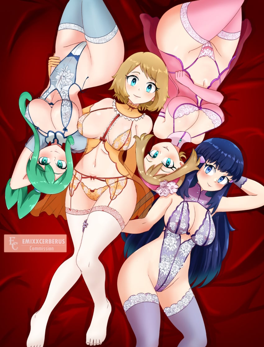 4girls alternate_version_available areolae areolae_visible_through_clothing big_breasts blue_eyes blue_hair blue_thighhighs blush breasts brown_hair cleavage dawn_(pokemon) emixxcerberus female female_only game_freak green_eyes green_hair hair hand_behind_head hand_on_hip hand_on_thigh hips huge_breasts lace lace-trimmed_bra lace-trimmed_garter_belt lace-trimmed_legwear lace-trimmed_panties lace-trimmed_thighhighs lace_trim legwear lingerie lisia_(pokemon) long_hair may_(pokemon) may_(pokemon_oras) multiple_girls nightgown pink_nightgown pink_thighhighs pokemon pokemon_dppt pokemon_oras pokemon_xy ponytail purple_thighhighs serena_(pokemon) short_hair smile thick_thighs thighhighs thighs white_thighhighs yellow_bra