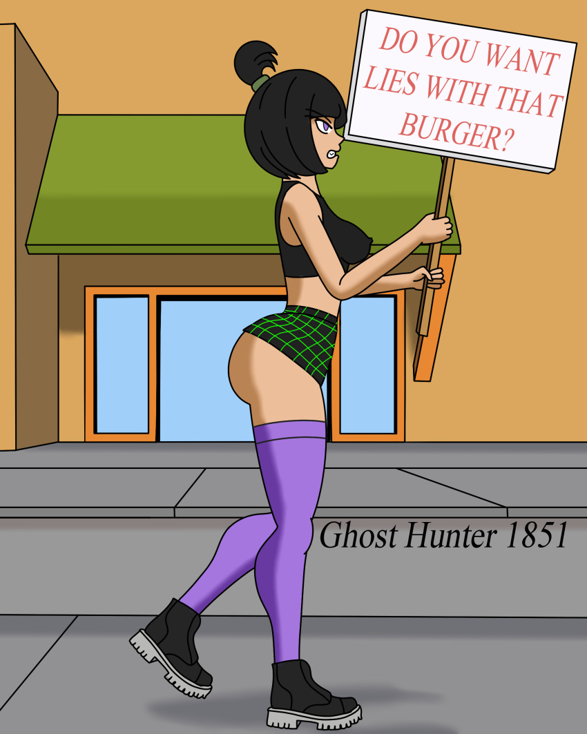 1girls angry angry_expression angry_face ass ass_out boots bottomless brown_hair bubble_butt commentary_request danny_phantom english_text female ghosthunter1851(artist) goth goth_girl huge_ass huge_butt medium_breasts miniskirt nickelodeon nipples_visible_through_clothing pokies protesting purple_socks revealing_clothes sam_manson short_hair short_skirt skirt skirt_lift socks socks_and_boots solo stockings text thigh_socks thighhighs very_short_skirt