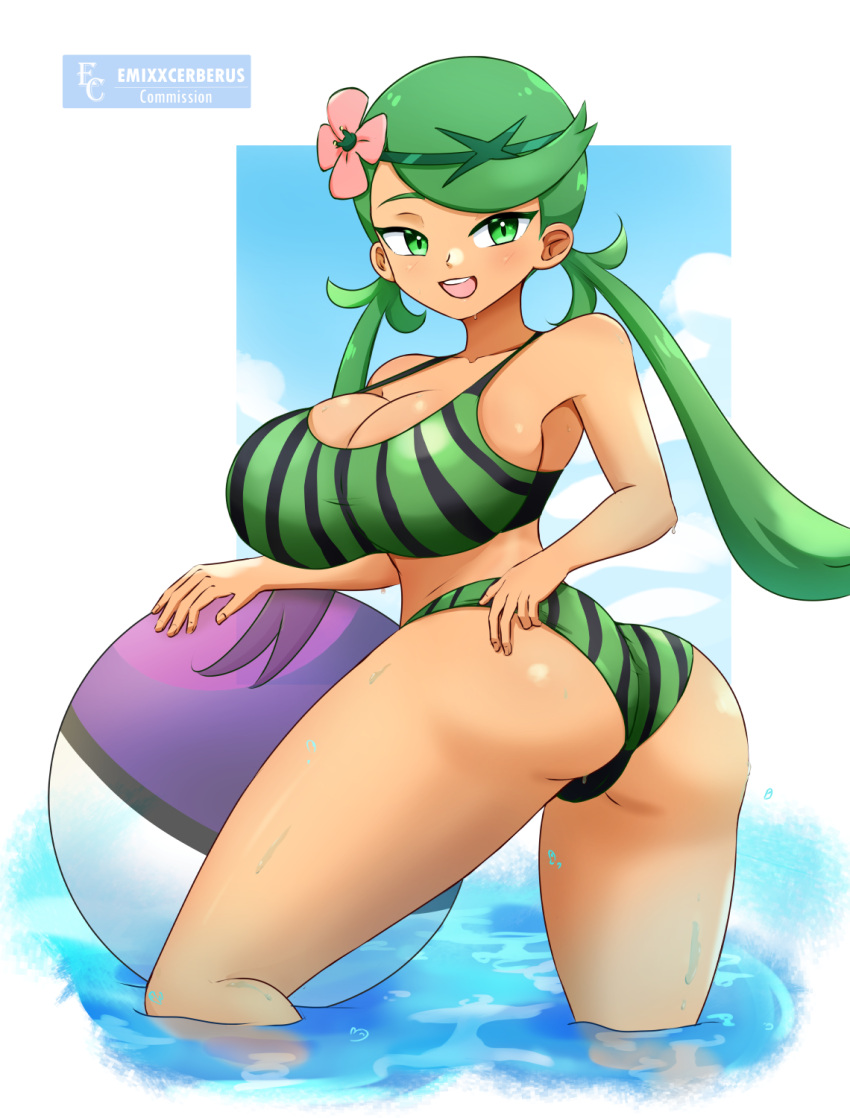 1girls ass beach_ball big_ass big_breasts bikini bikini_bottom bikini_top bottomwear breasts cleavage emixxcerberus female female_only flower flower_in_hair game_freak green_bikini green_eyes green_hair hair hair_ornament huge_breasts mallow_(pokemon) pokemon pokemon_sm smile solo solo_female thighs topwear twintails water wet wet_body