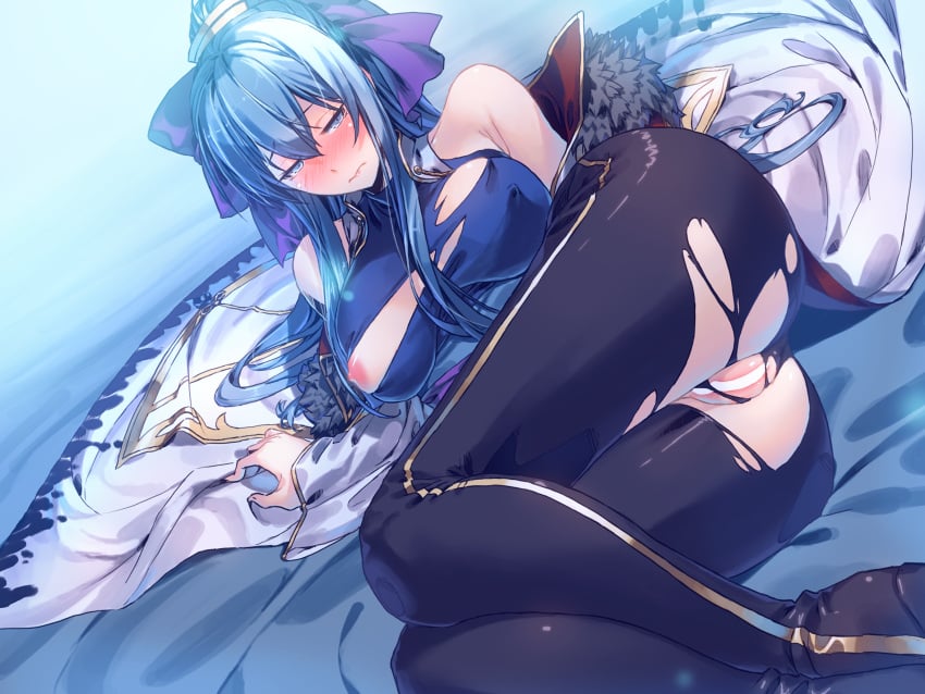 absurdres bare_shoulders blue_eyes blue_hair blush censored closed_mouth commission commissioner_upload embarrassed female hair_ribbon half-closed_eyes highres jacket long_hair long_sleeves lying matsuki_akira mu_xiaokui_(phantom_blade) mu_xiaokui_(time_traveler)_(phantom_blade) nipple_slip nipples non-web_source pants phantom_blade_(game) ponytail ribbon skeb_commission solo torn_clothes torn_pants white_jacket