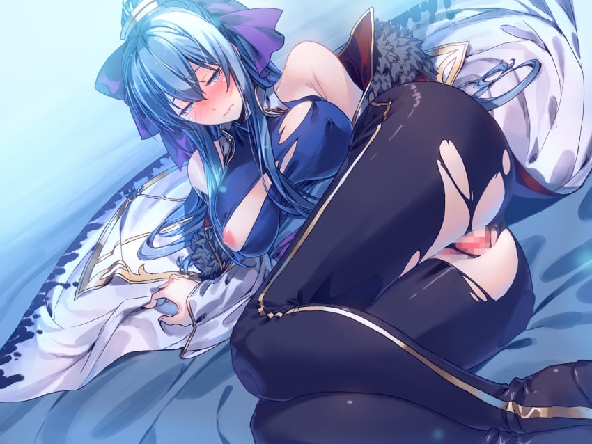 absurdres bare_shoulders blue_eyes blue_hair blush censored closed_mouth commission commissioner_upload embarrassed female hair_ribbon half-closed_eyes highres jacket long_hair long_sleeves lying matsuki_akira mosaic_censoring mu_xiaokui_(phantom_blade) mu_xiaokui_(time_traveler)_(phantom_blade) nipple_slip nipples non-web_source pants phantom_blade_(game) ponytail ribbon skeb_commission solo torn_clothes torn_pants white_jacket