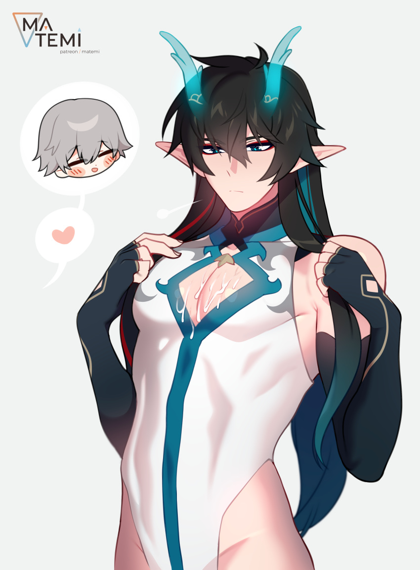 big_pecs black_hair caelus_(honkai:_star_rail) chibi cum cum_on_body cum_on_breasts cum_on_chest cum_on_clothes cum_on_clothing cum_on_upper_body dan_heng dan_heng_(imbibitor_lunae) disappointed dragon dragon_horns elf_ears eyeshadow gay heart honkai:_star_rail horns long_ears long_hair looking_down male male_only matemi post_orgasm post_orgasm_paizuri post_sex sigh sighing skin_tight skinsuit speech_bubble tight_clothing tight_fit yaoi