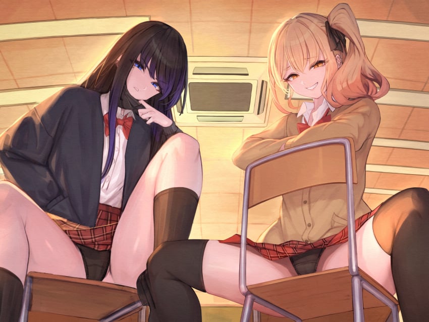 2girls black_hair black_jacket black_panties black_ribbon black_socks black_thighhighs blonde_hair blue_eyes bow bowtie brown_cardigan cardigan ceiling ceiling_light chair classroom collared_shirt commentary_request ear_piercing feet_out_of_frame gradient_hair grin hair_between_eyes hair_ribbon hand_in_pocket indoors jacket knee_up kneehighs long_hair long_sleeves looking_at_viewer mask mask_pull medium_hair moco_(moco_28) mole mole_under_eye mouth_mask multicolored_hair multiple_girls open_clothes open_jacket original panties pantyshot parted_lips piercing plaid plaid_skirt purple_hair red_bow red_bowtie red_skirt ribbon school_chair school_uniform shirt side_ponytail sitting sitting_backwards skirt slit_pupils smile socks spread_legs thighhighs tile_ceiling tiles underwear v-shaped_eyebrows white_shirt yellow_eyes