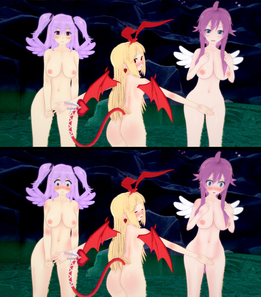 3d 3girls angel angel_girl angel_wings artina ass blonde_hair blush breasts ceefore completely_nude completely_nude_female covering_another&#039;s_crotch covering_crotch disgaea disgaea_1 disgaea_4 disgaea_7 embarrassed embarrassed_nude_female enf female flonne flonne_(fallen_angel) hot_spring koikatsu large_breasts light-skinned light-skinned_female looking_at_viewer navel night nighttime nipples nippon_ichi_software nude nude_female nude_female_nude_female onsen pink_hair purple_hair shocked_expression standing standing_in_water ultimateenf