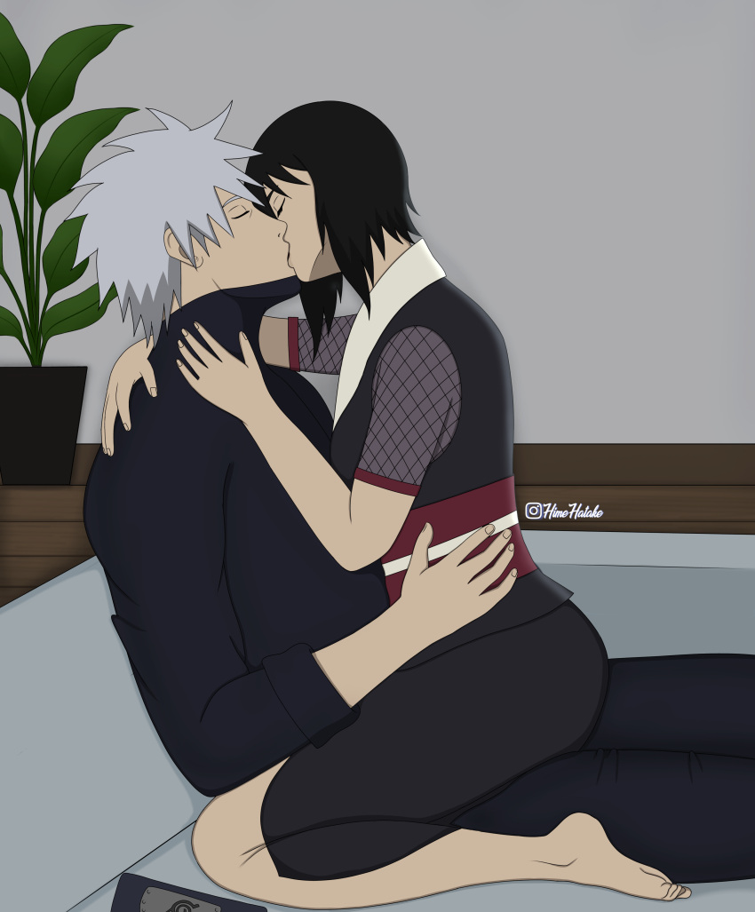 1boy 1girls ass bare_legs barefoot big_ass black_hair boruto:_naruto_next_generations clothing female hatake_kakashi headband headband_removed himehatake implied_sex indoors instagram_username kimono kissing konohagakure_symbol kunoichi male male/female mask mask_removed naruto naruto_(series) naruto_shippuden ninja no_shoes pants romantic romantic_couple shirt shizune silver_hair sitting sitting_on_lap sitting_on_person stealth_sex straddling straight unmasked url waist_grab watermark web_address