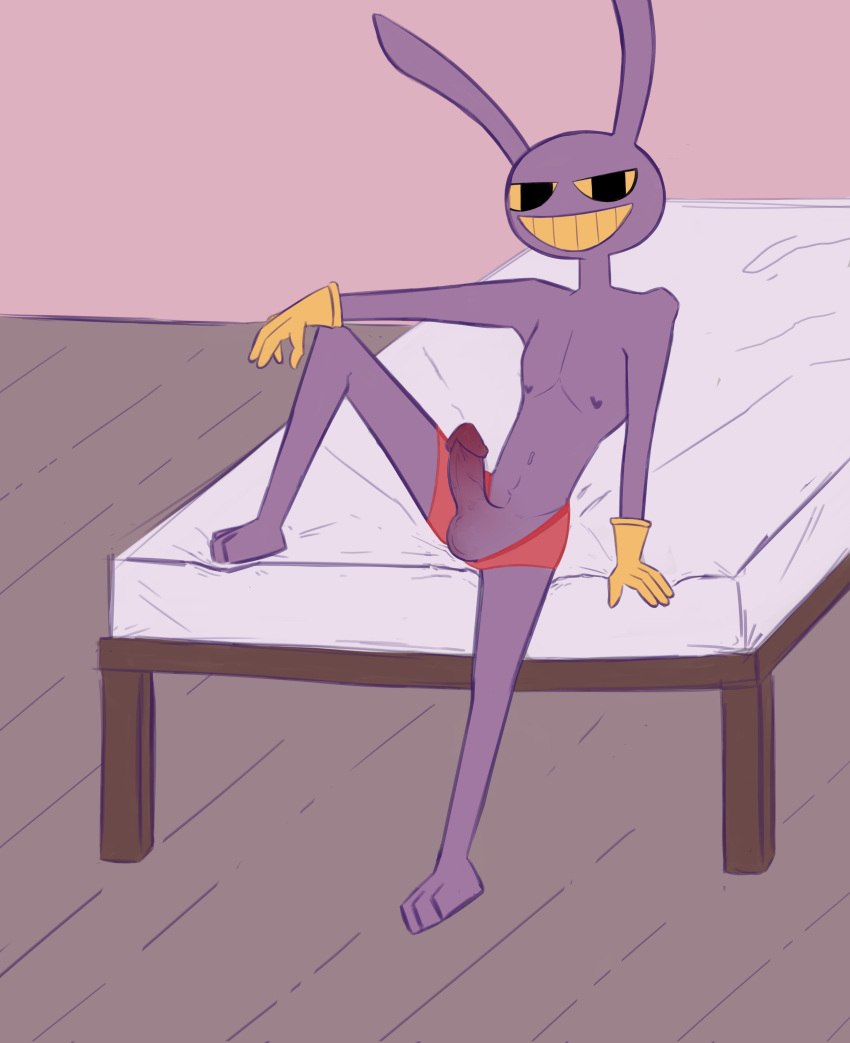 anthro boxers bunny_ears catsnotart gloves gooseworx jax_(the_amazing_digital_circus) looking_at_viewer male male_nipples penis penis_out purple_body purple_penis sitting_on_bed solo_male tagme the_amazing_digital_circus yellow_eyes yellow_mouth